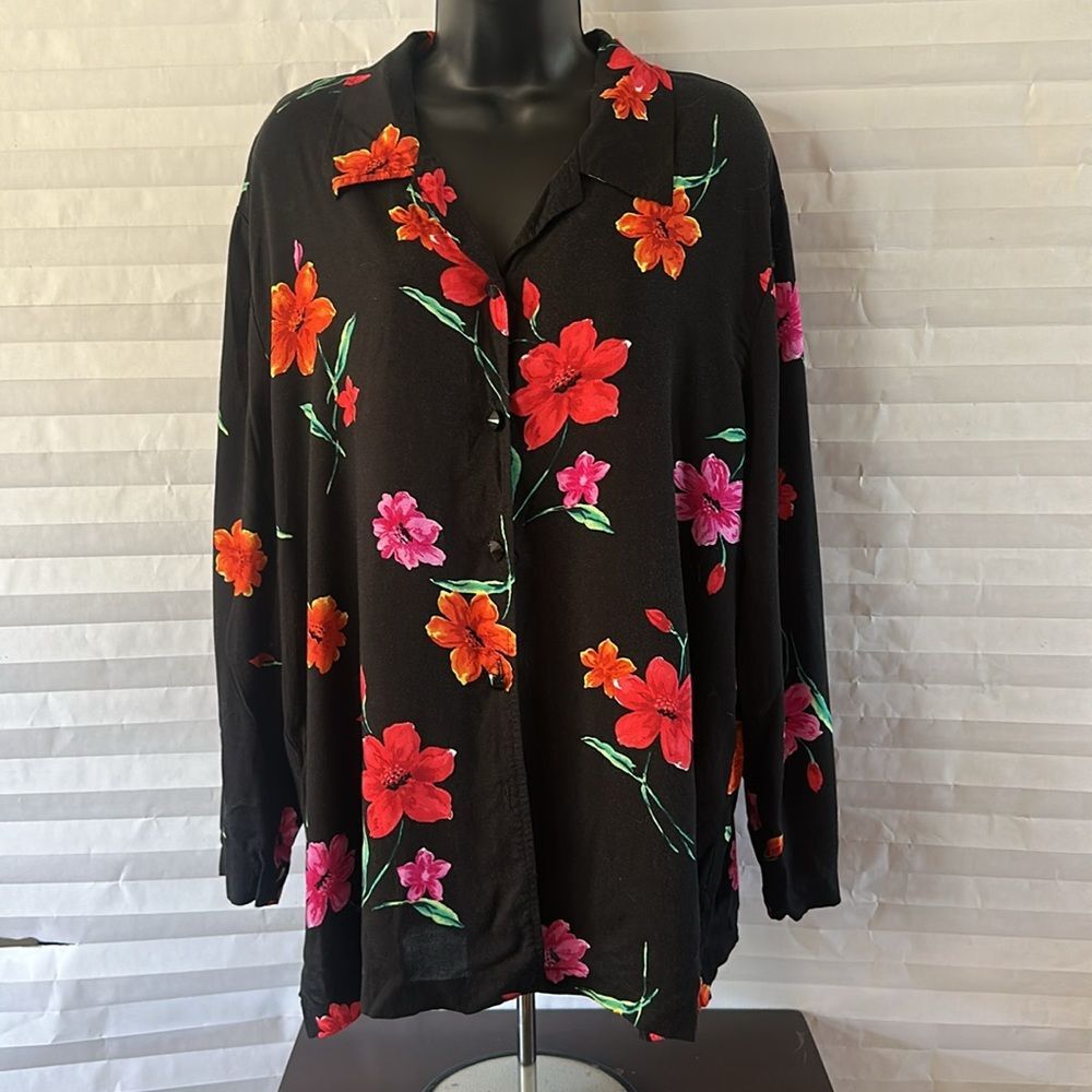 Blair Women’s Black Floral Button Down Blouse Size XL Casual Lightweight Top